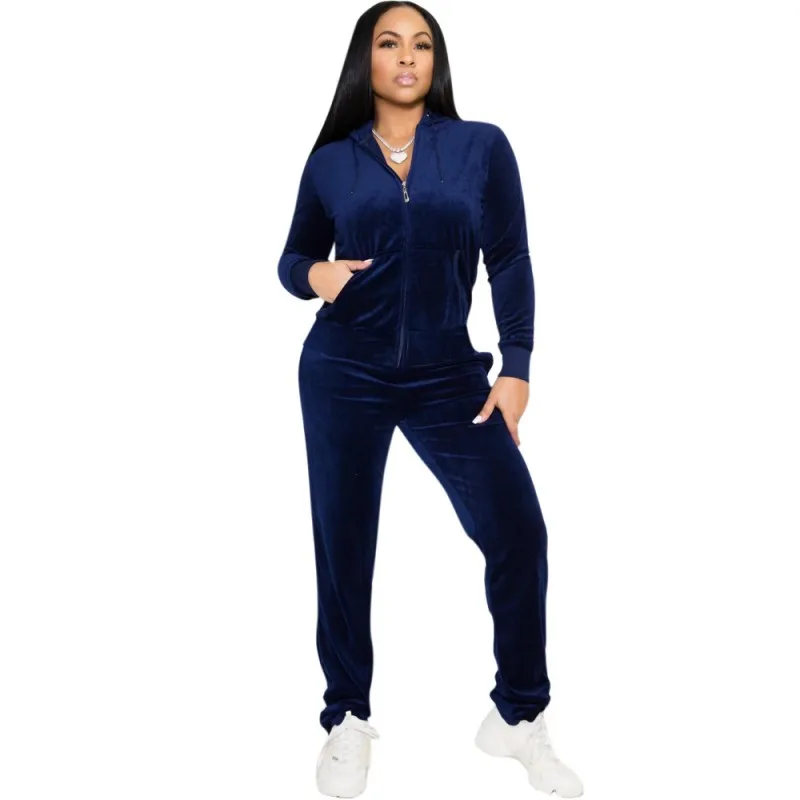 

Корейский Бархатный Модный комплект из двух предметов, однотонная куртка с длинным рукавом, повседневный подходящий спортивный костюм с прямыми брюками, Осенний Женский комплект 2022