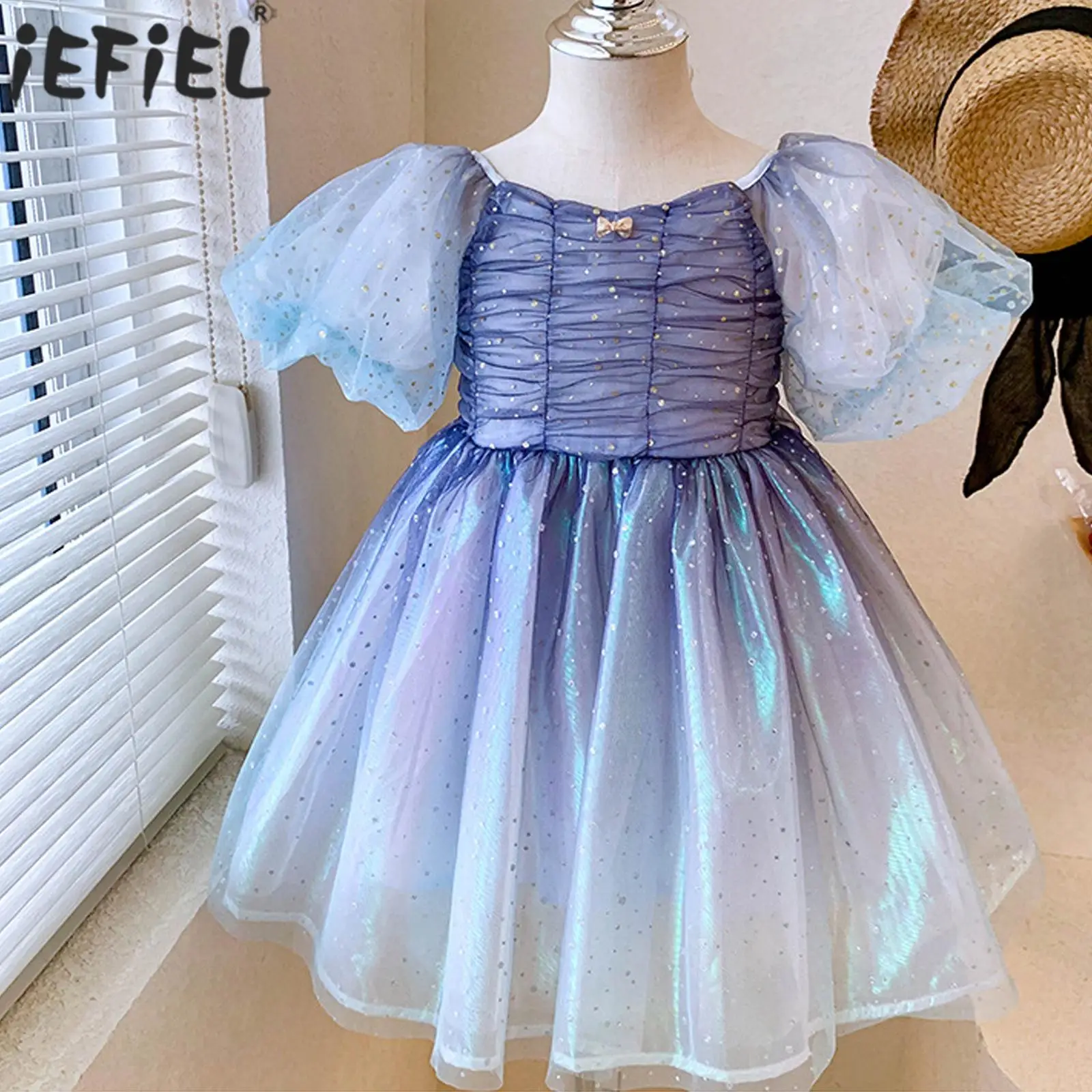

Kids Elegant Flower Girls Princess Dress Puff Sleeve Bowknot Ruched Mesh Tutu Mermaid Cosplay Wedding Birthday Party Dresses