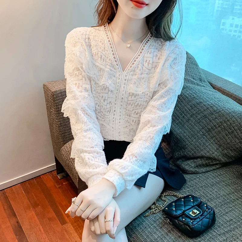 

Chiffon Y2k Women's Blouse White Lace Shirt Summer Elegant V-neck Long Sleeve Top Fashion New Female Clothing