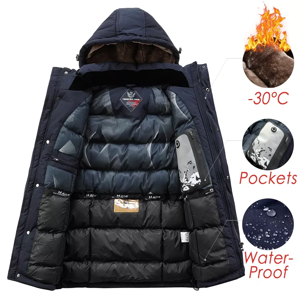 New in 2022 Winter New Long Casual Thick Fleece Hooded Waterproof Parkas Jacket Coat Men Outwear Fashion Pockets Parka Jacket 46