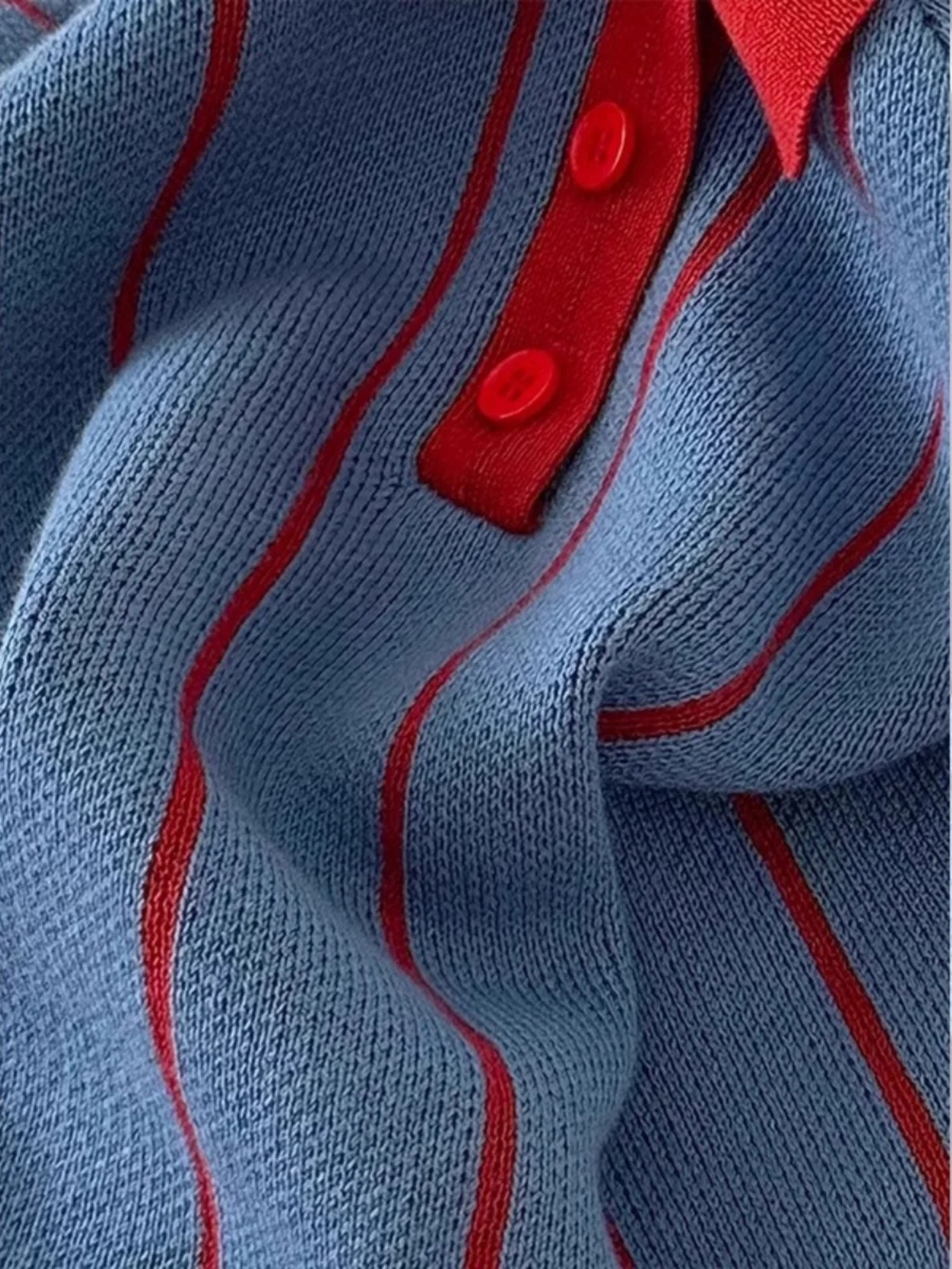 Korean Series Blue Red Stripe Polo Collar Knit Women 2024 Autumn New Small Dopamine Wear Top