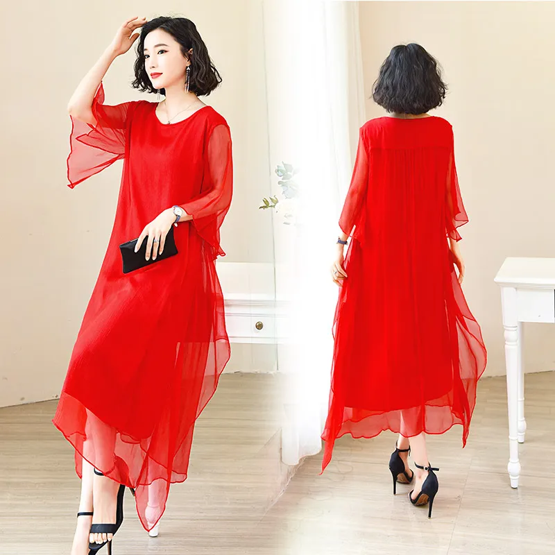 Красное платье из ледяного шелка женское средней длины новинка 2024 летняя одежда