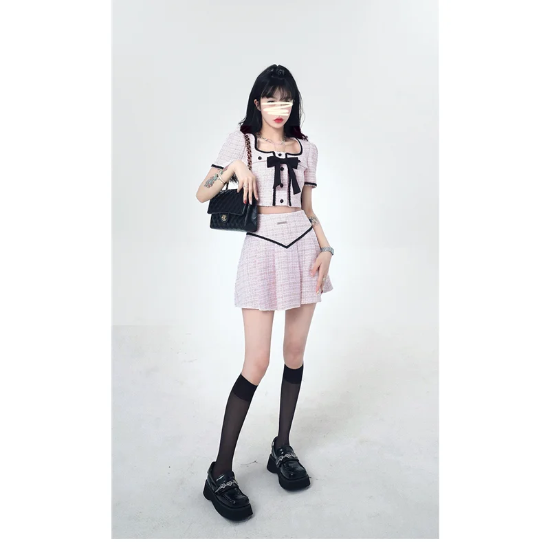 Summer Kawaii Two Piece Women's Korean Fashion Party Mini Skirt Set Women's Short Sleeve Square Neck Bow Designer Skirt Set 2022