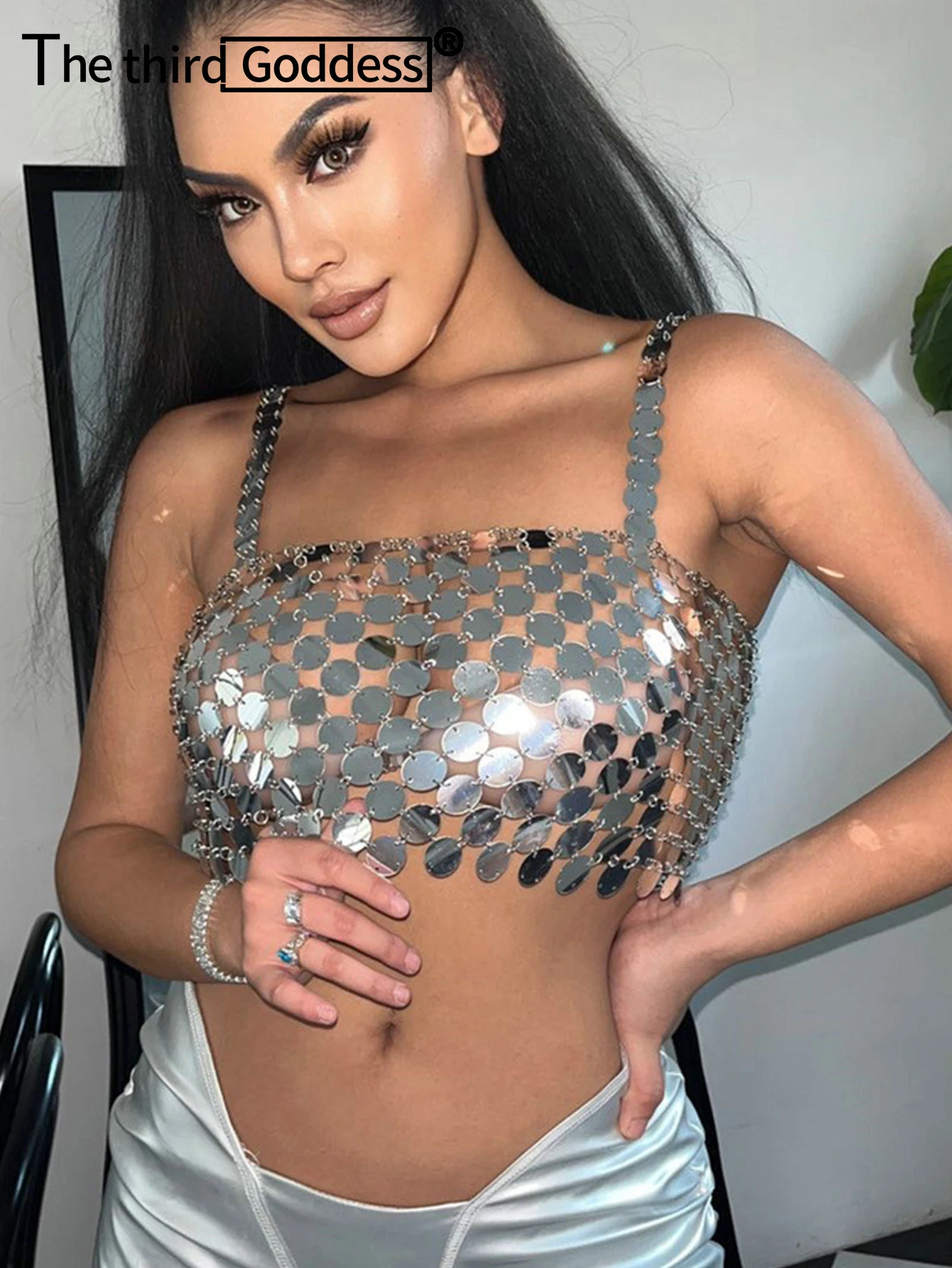 Сексуальный прозрачный металлический укороченный топ с блестками женская