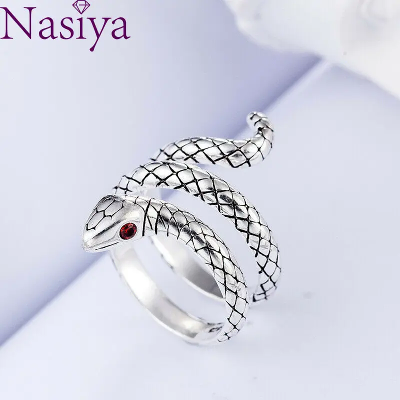 

Vintage Silver Ruby Gems Cobra Snake Band Opening Antique Rings Adjustable Women Wedding Rings