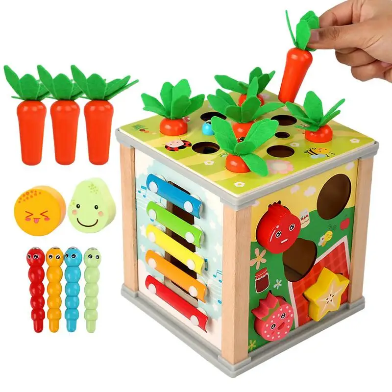 

Kids Activity Cube Toy Wooden Montessori Pull Carrots Shape Sorter Multifunctional Cube Activity Center Preschool Learning Cube