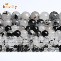 natural black rutilated quartz beads white crystal round loose beads for jewelry making diy bracelet accessories 4 6 8 10 12mm