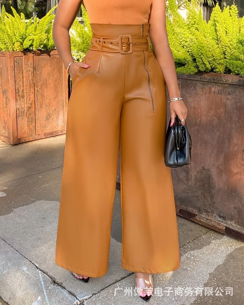 

2022 Women's Leather Wide Leg Pants Casual Loose Female High Waist Zipper Sashes Pocket Decoration Lady Fashion Trouser