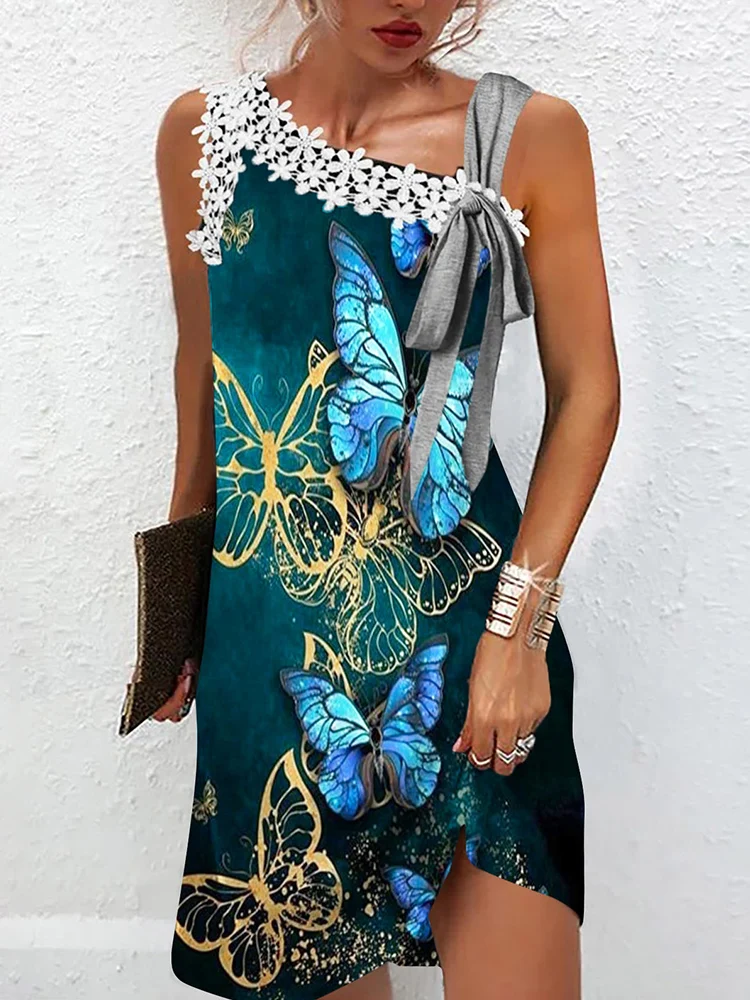 Элегантное повседневное платье с завязкой на бант, женское, мини, для вечеринок, летнее, с одним открытым плечом, с кружевными вставками, новая мода, шик, прямое, пляжное.