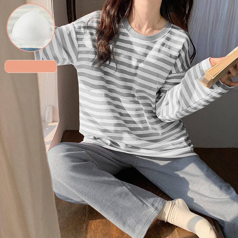 Pure Cotton Pajamas Women's Spring and Autumn stripe With chest pad Pijama Mujer Couple Night suits Homewear