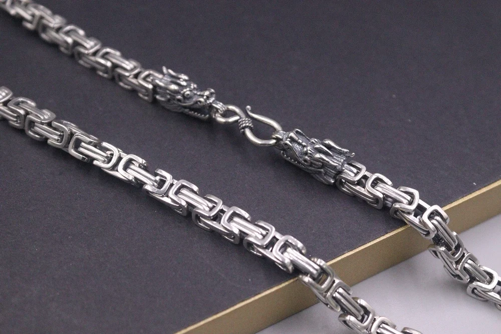 Настоящая твердая кожа серебряная цепь Мужской Дракон на удачу 6 мм византийское