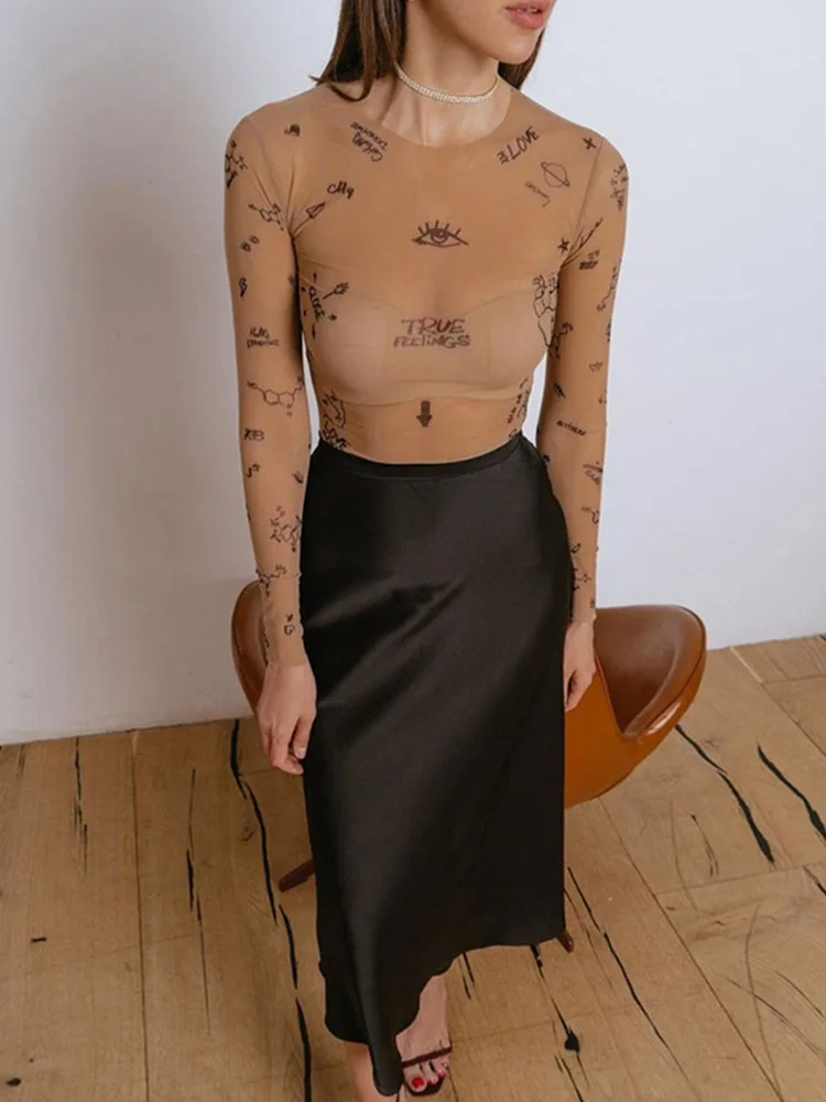 Женское боди в винтажном стиле с длинными рукавами и круглым вырезом из