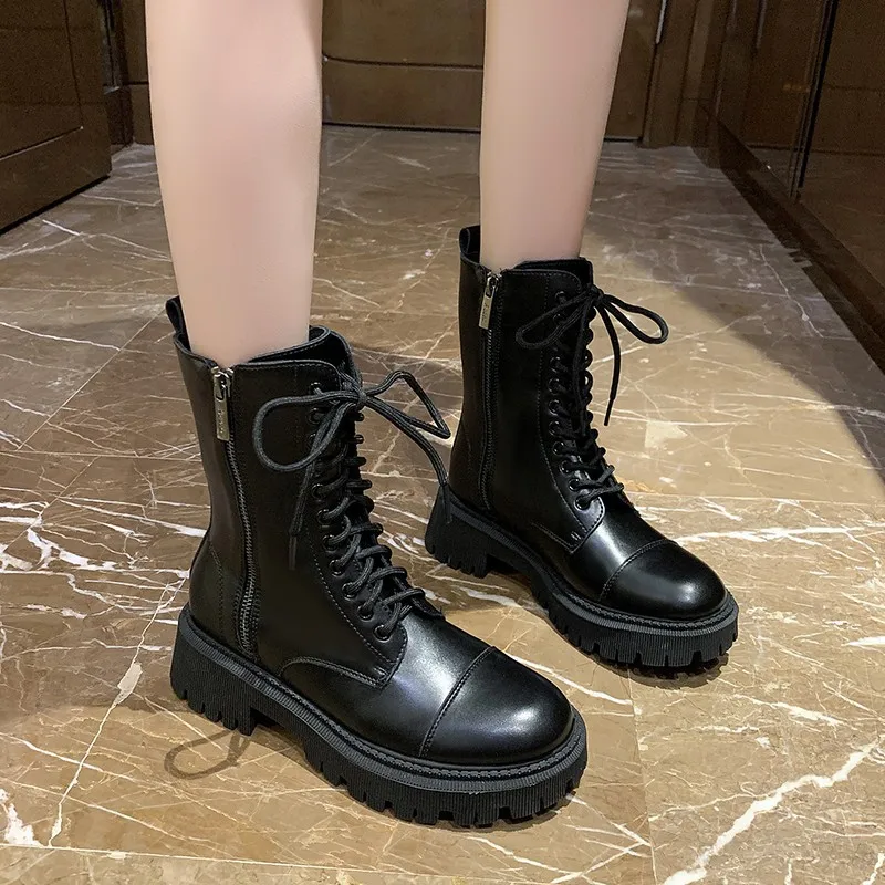 

2022 Short Tube Black Thick Sole Heightened Thick Heel Handsome Motorcycle Boots Women Shoes Platform Boots Goth Platform Boots