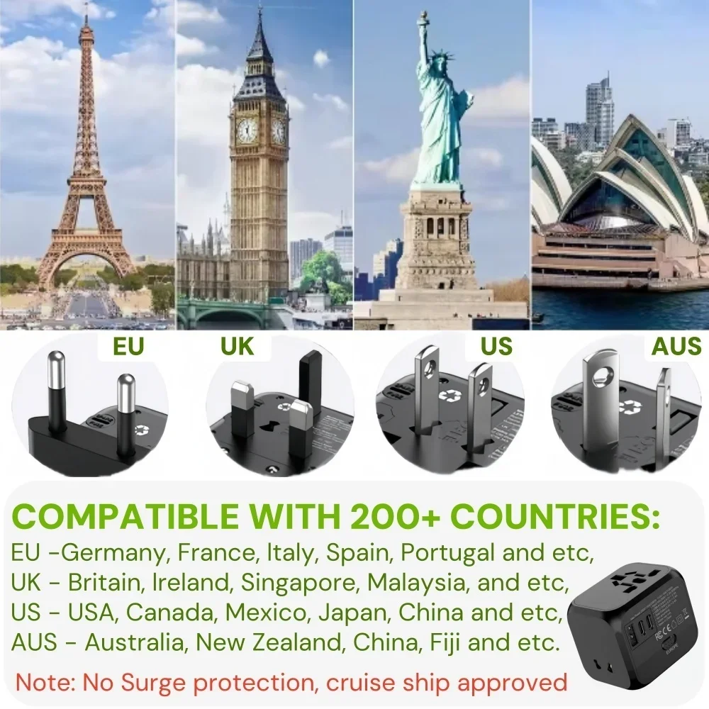 Фото Многофункциональный адаптер 220В на 5В с разъемом USB Type-C, многоконтактный с USB-зарядкой, универсальный дорожный адаптер для ЕС/Великобритании/США. №3