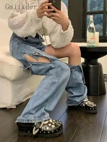 Women Ripped Panel Jeans Niche Detachable Two-wear Stitching Ripped High-waisted Jeans Vintage Straight-leg Mopping Denim Pants