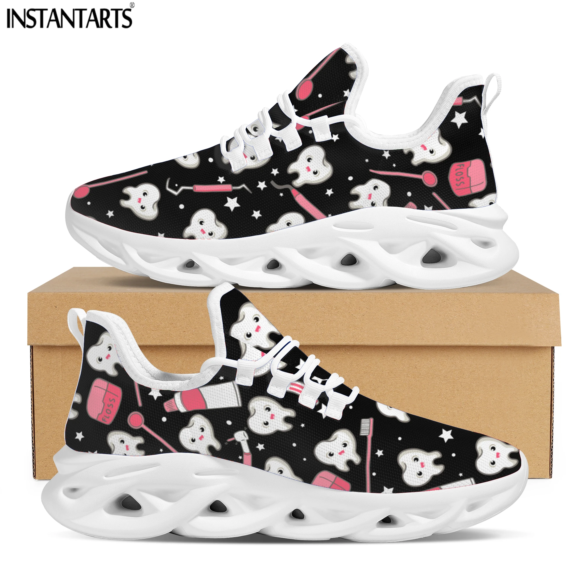 

INSTANTARTS Funny Dentist Cartoon Tooth Pattern Mesh Swing Sneakers for Ladies Breathable Lace up Women Platform Shoes Zapatos