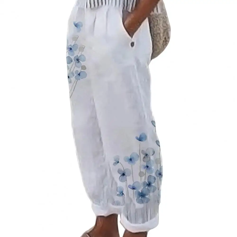 

Cotton Linen Elegant Vintage Floral Print Women Pants Elastic Waist Pockets Casual Streetwear Work Wear Loose Trousers