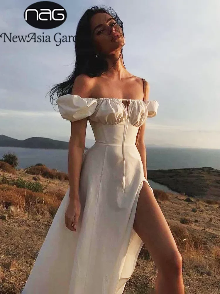 

NewAsia Puff Sleeve White Dress Off Shoulder Cut out Tie up Side Split Ruched Long Dress robe femme Summer Dress for Women 2021