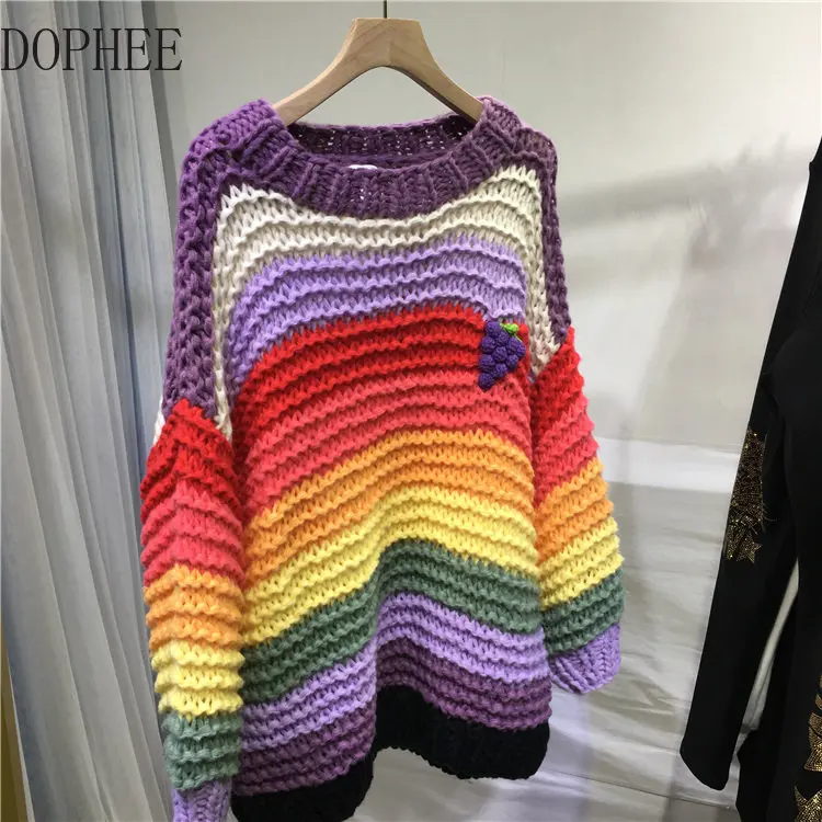 Korea New Autumn Winter Women Sweaters Hollow Out Loose O-neck Pullovers Knitted Top Rainbow Stripe Casual Long Sleeve Jumper