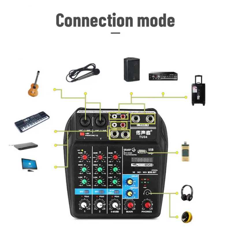 

TU04 звуковой микшерный пульт Bluetooth USB записывающий компьютер 48 В фантомное питание с задержкой эффект возврата 4 канала USB аудио микшер.