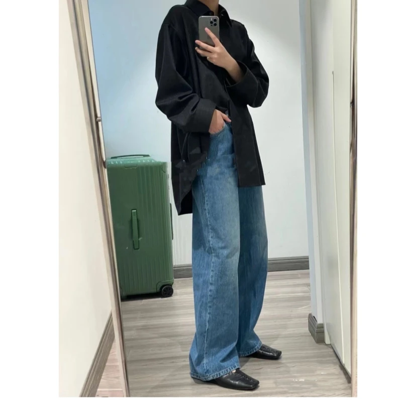 

The @ Row текстурированные потертые синие ~ Yuanchang потертые винтажные синие джинсы Широкие брюки