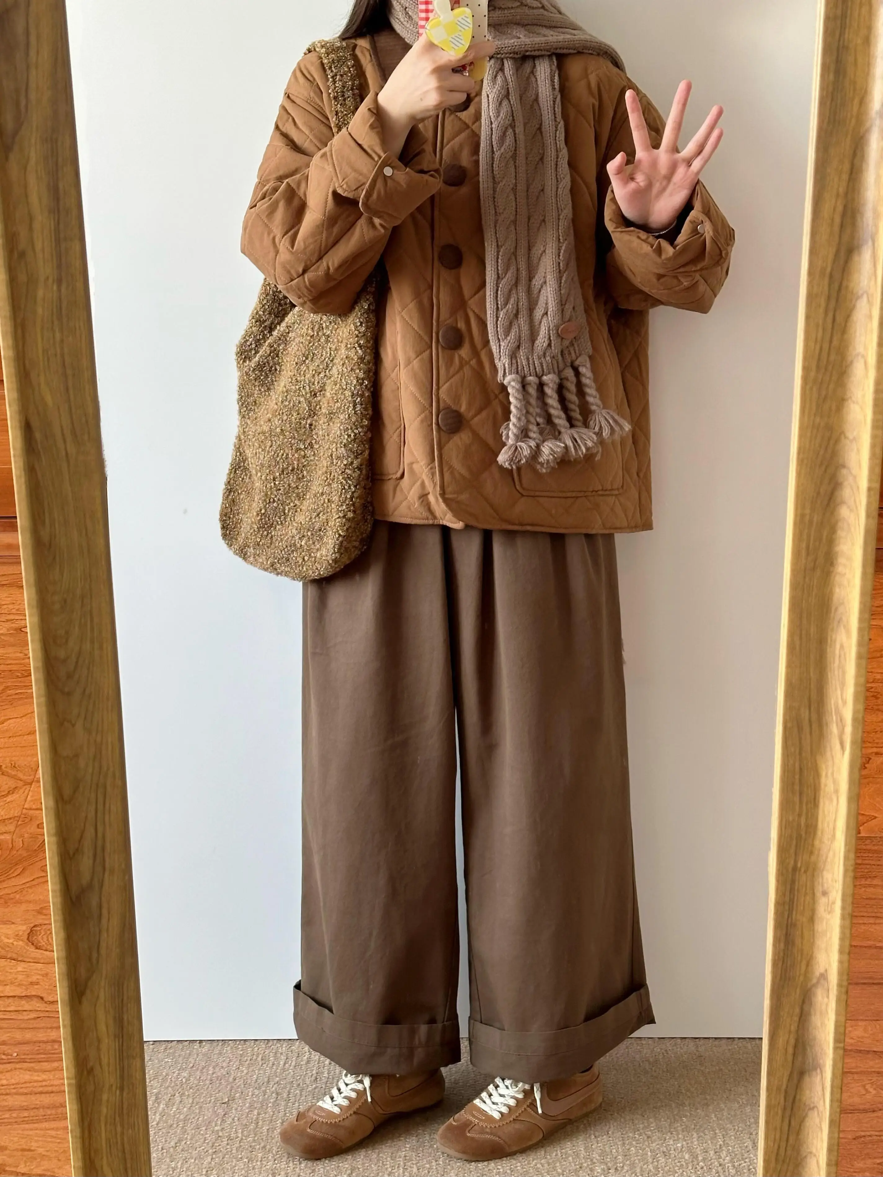 Rhombus Lapel Cotton-Padded Coat Cotton-padded jacket Women's Winter New Loose Retro Small Casual Thickened Warm Cotton-Padde...