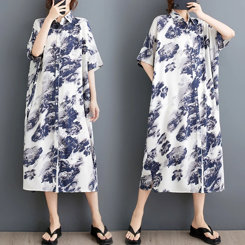 Женское шифоновое платье-рубашка с принтом повседневное свободное в Корейском