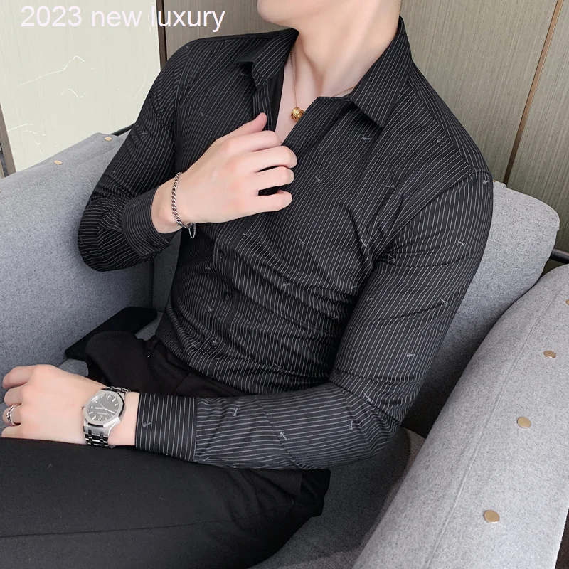 

Brand Summer 2022 Fashions Business Casual Slim Fit Long Sleeve Men Thin Shirt Streetwear Handsome Clothes Striped Shirts W132