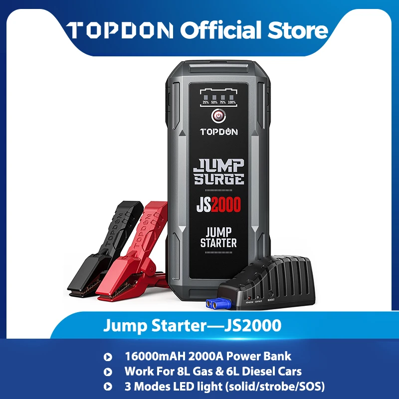 Topdon 2000A/1200A Jump Starter 12V Car Starting Device 16000Mah Power Bank Battery Start Launcher for Car Booster JS2000/JS1200