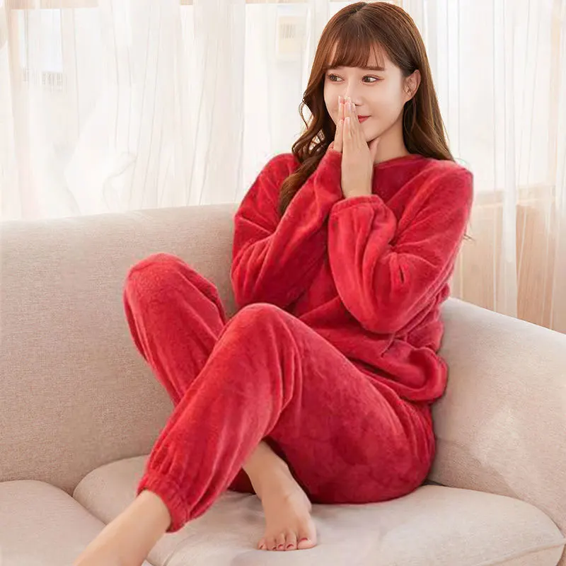 Flannel Women Pajamas Sets Warm Thick Coral Velvet Long Sleeve Cartoon Sleepwear 2022 Autumn Winter Home Wear Couples Nightwear