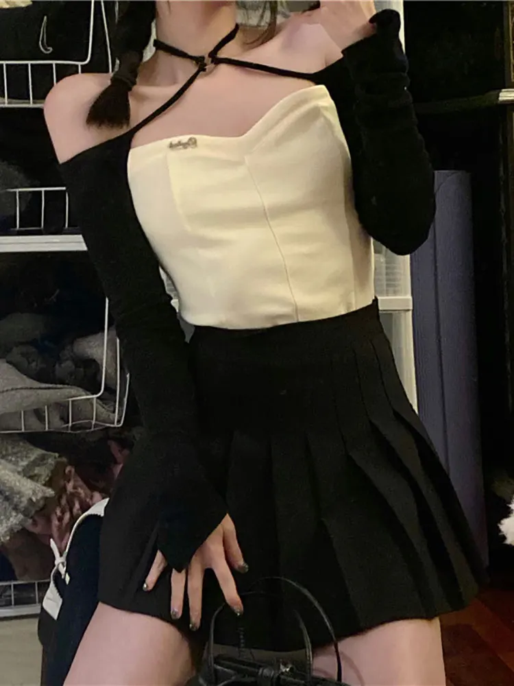 

Женский костюм с юбкой и лямкой на шее, черный костюм с юбкой-трапецией с высокой талией и плиссированной юбкой в Корейском стиле, лето 2022