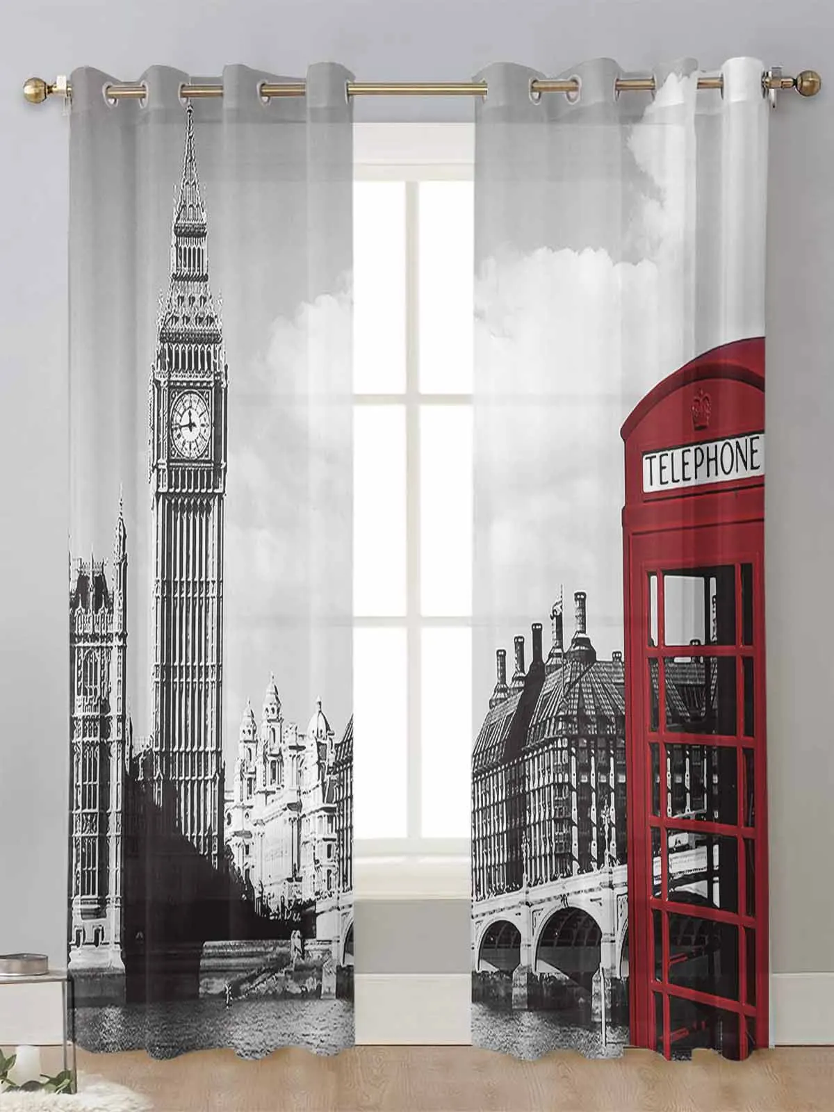 

London Phone Booth Sheer Curtains For Living Room Window Screening Transparent Voile Tulle Curtain Cortinas Drapes Home Decor