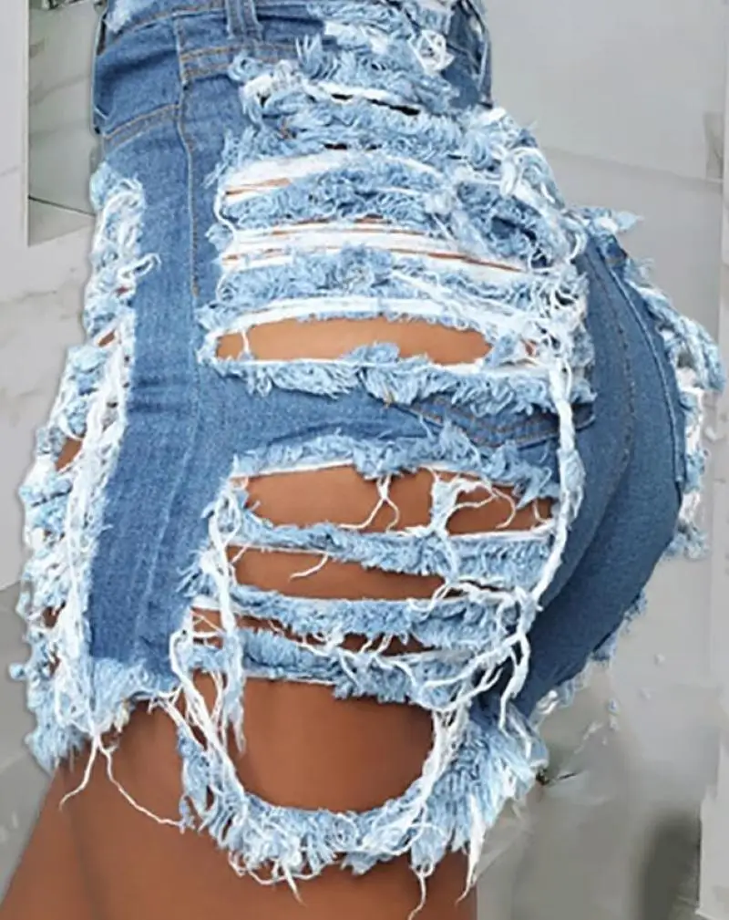 Summer Denim Shorts for Women Ripped Cutout Buttoned Fringe Design 2023 Daily Vacation Short Jeans Sexy Slim Casual Shorts
