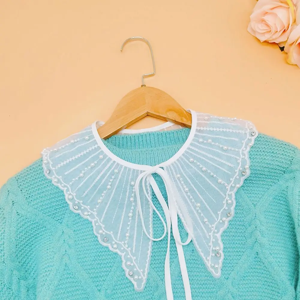 

Vintage Palace Style Womens Doll False Fake Collar Hollow Out Crochet Lace Half Shirt Necklace Shawl with Imitation Pearl Bowtie