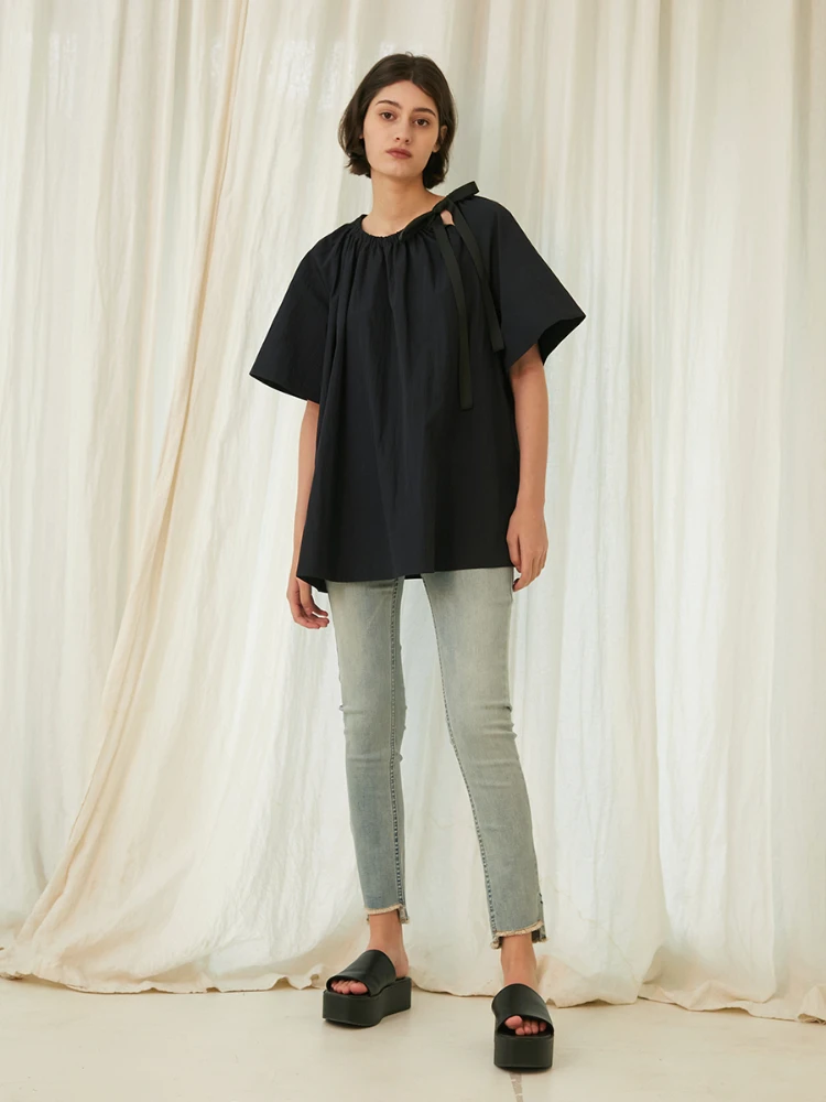 

2022 Spring Woman Crew Neck Pleated Bow Tie Short-sleeved Oversized T-shirt