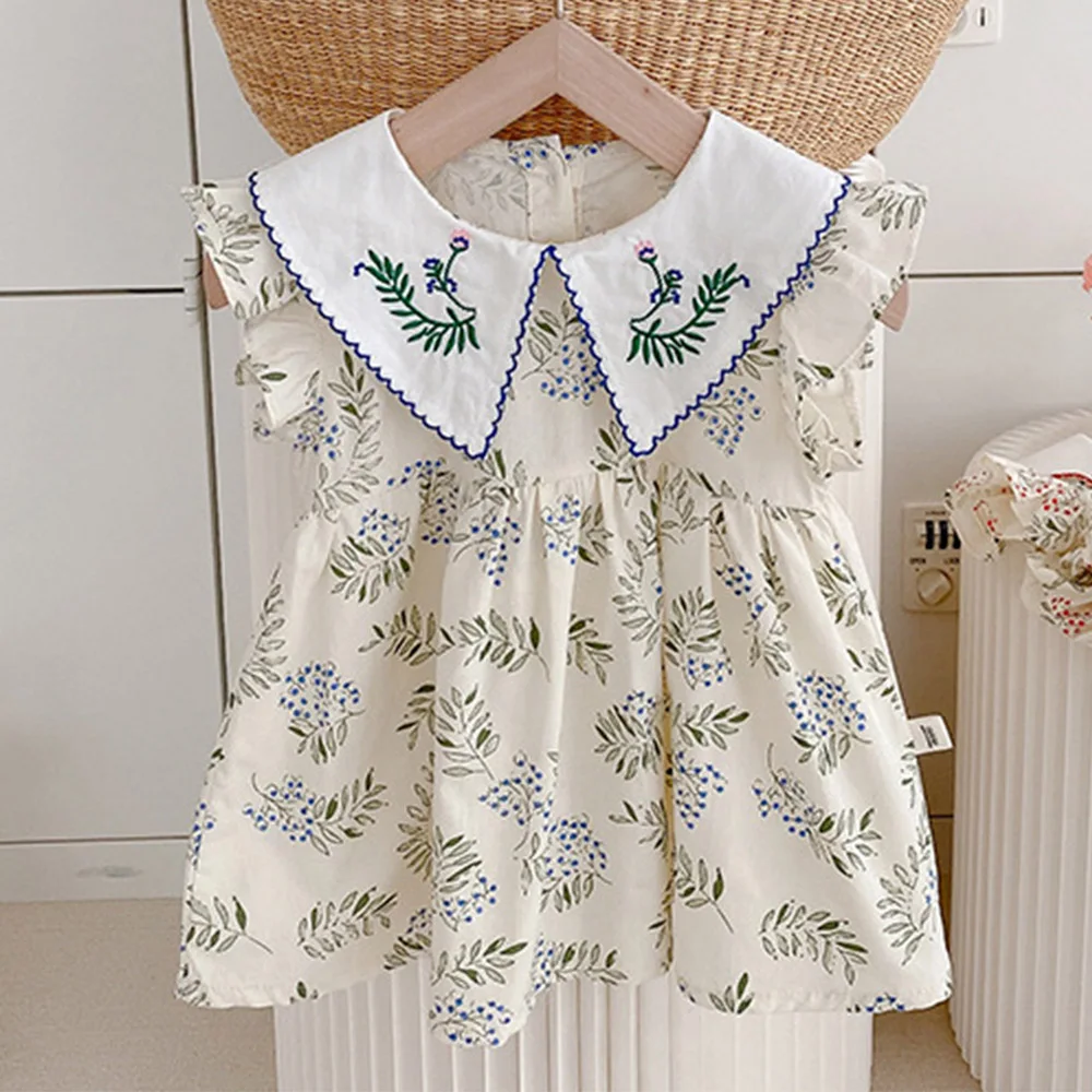 

Girl Princess Dress Summer 2022 Floral Embrodiery Peter Pan Collar Fashion Toddler Clothes Free Shipping
