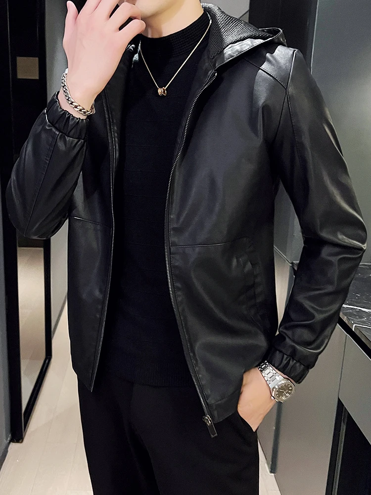 American Autumn New Hood Leather Men's Coat Hooded PU Jacket Casual All-matching Fleece-lined Motorcycle Clothing