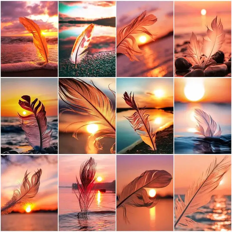 

Набор для алмазной вышивки крестиком, картина 5D «сделай сам» с изображением солнечного света, пера, заката, элементов мозаики, полная выклад...