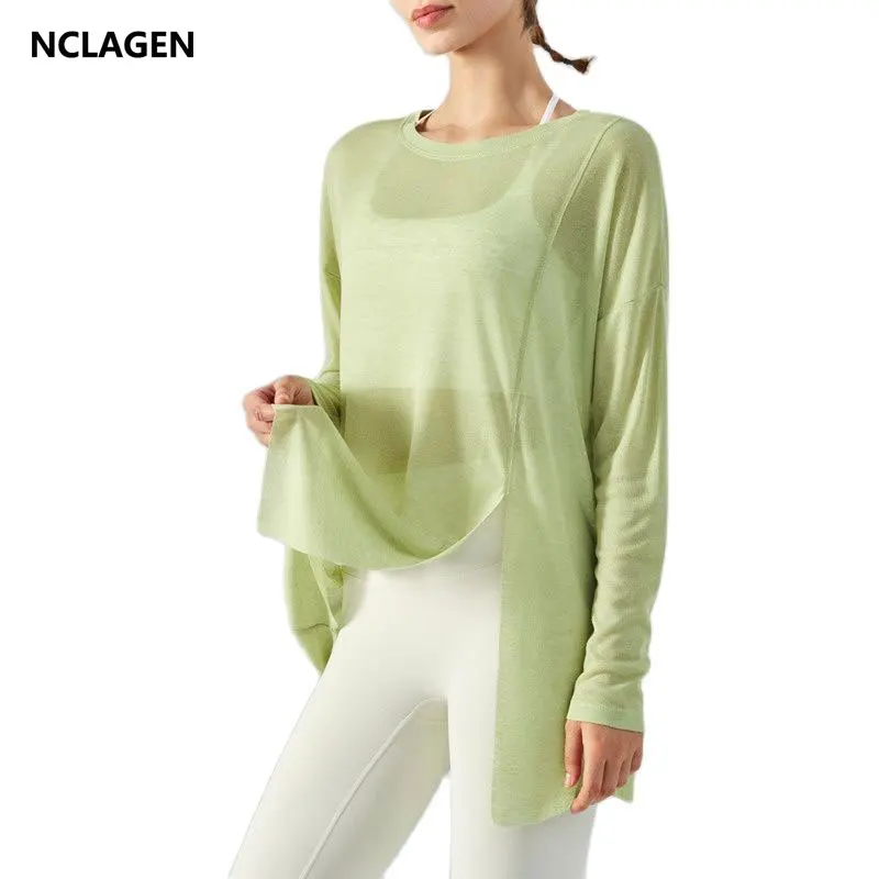 

NCLAGEN Yoga Long Sleeve Shirt Women Summer Breathable Quick Dry Loose Leisure Sports Top Running Fitness Gym Workout Smock