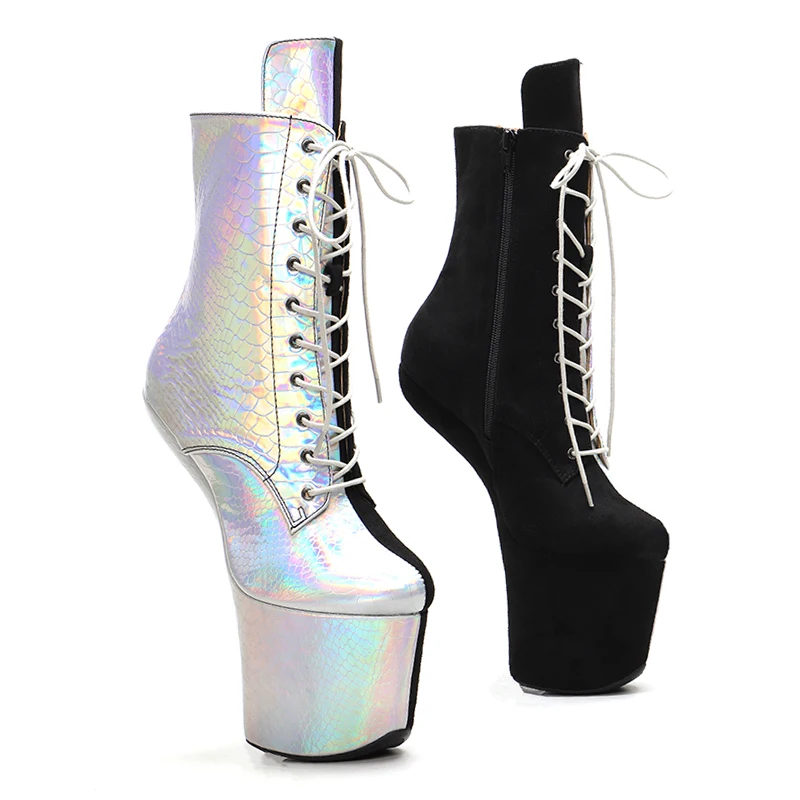 Leecabe Silver with black upper Lace Up Ankle Boots Sexy Exotic heelless pole dance shoes