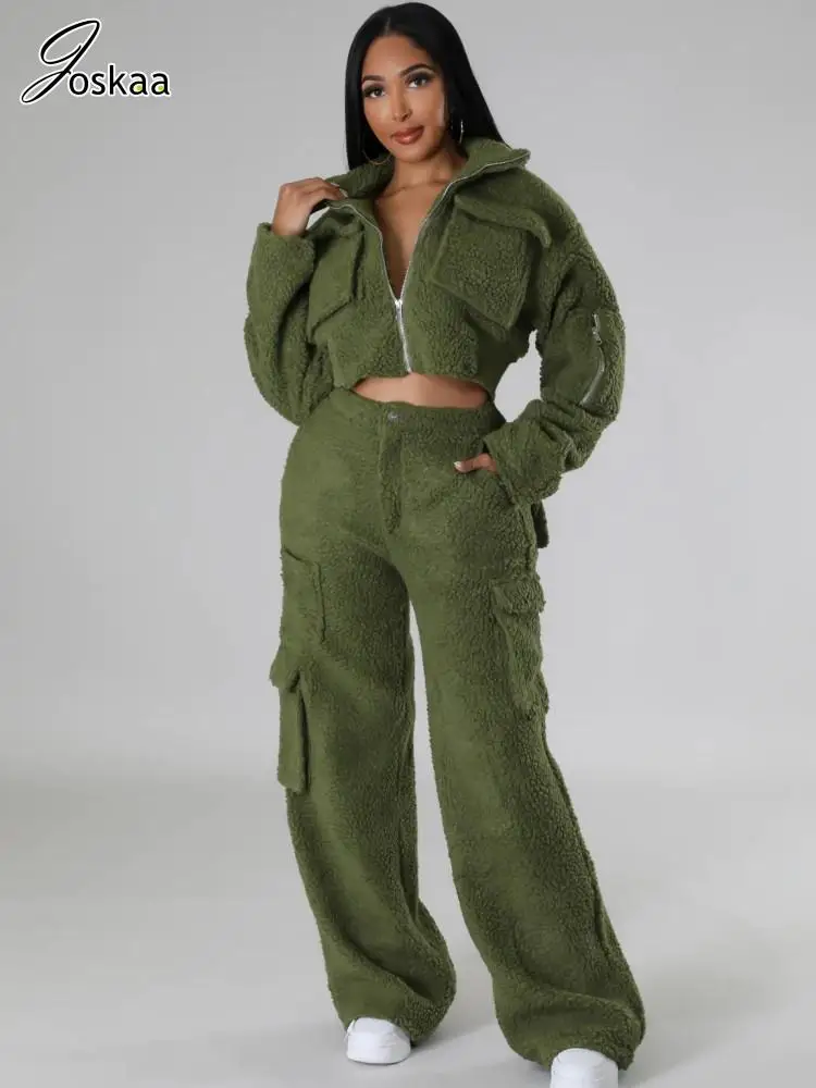 

Joskaa Solid Lamb Fleece Warm Two Piece Set Women Long Sleeve Zip-Up Tops and Straight Pants Matching 2023 Winter Streetwear