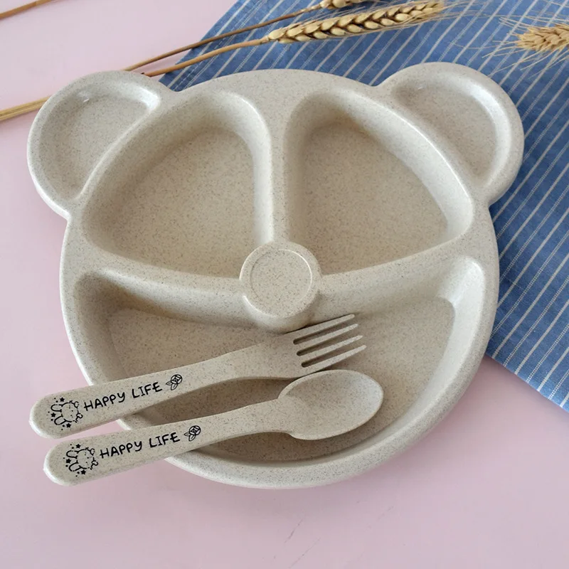 

2022 Cubs Children's Dinner Set Wheat Straw Creative Tableware Baby Dish Tray Breakfast Tray Addition Fork and Spoon