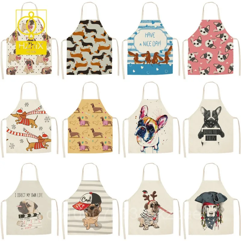 

Cute Cartoon Cotton Linen BullDog Dog Printing Kitchen Aprons Unisex Dinner Party Cooking Bibs Funny Pinafore Cleaning Apron