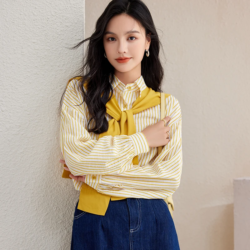 

Chiffon Women's Blouse Stripe Loose Shirt Summer Long Sleeve Casual Printing Fashion Female 2022 Top New Korean Style Clothing