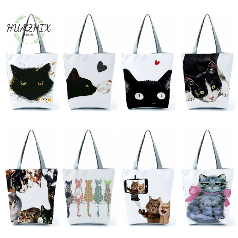 

Customize Black Cat Handbgas Shoulder Bags Decorative PaintingCute Watercolor Womens Designer Tote Eco Reusable For Shopping