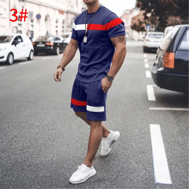 2Pcs Summer Men's Fashion Short Sleeve Shorts Set Matching Color Sports Casual Loose Round Neck T-shirt Short Pants Men Clothes