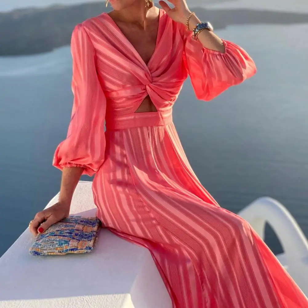 

Women Dress V Neck 3/4 Puff Sleeve Elegant Dress Waist Tight Mid-Rise Elegant Dress Hollow Out Maxi Holiday Dress Streetwear