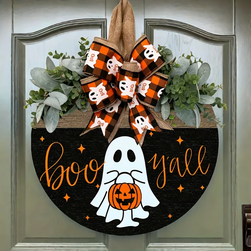 15-дюймовый венок на Хэллоуин с призраком и тюльпаном. Декоративное украшение для