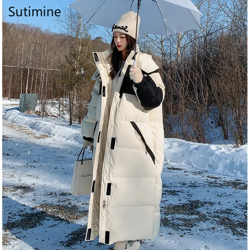 Winter Coat Women Office Lady Pockets Women Cotton Padded Jacket Over Knee Loose Thickened Down Zipper Hooded Coat Women