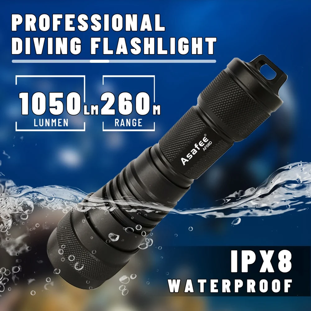 

Asafee AF08D Super Bright Scuba Diving Flashlight IP68 Waterproof Professional Underwater Diving Light Powered By 21700 Battery